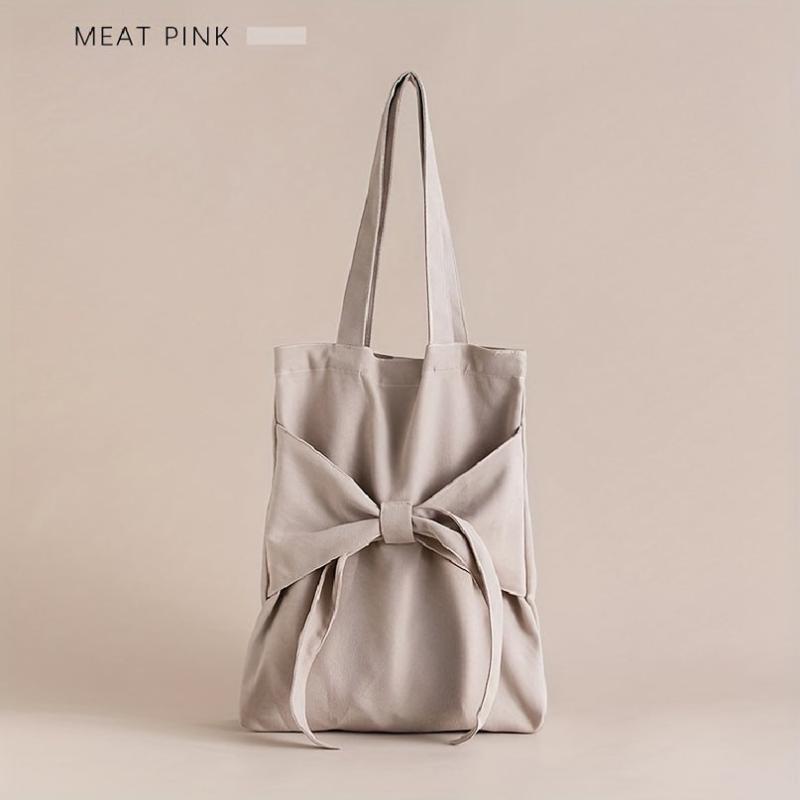 Bowknot Decor Canvas Shoulder Bag Tote Bag Solid Handbag For School Travel