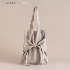 Bowknot Decor Canvas Shoulder Bag Tote Bag Solid Handbag For School Travel