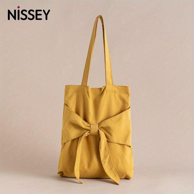 Bowknot Decor Canvas Shoulder Bag Tote Bag Solid Handbag For School Travel