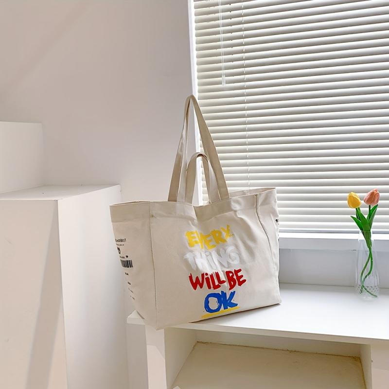 Colorful Letter Print Canvas Bag Large Capacity Lightweight Shoulder Bag