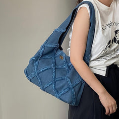 Denim Shoulder Bag Argyle Pattern Tassel Decor Hobo Bag Turn Lock Storage
