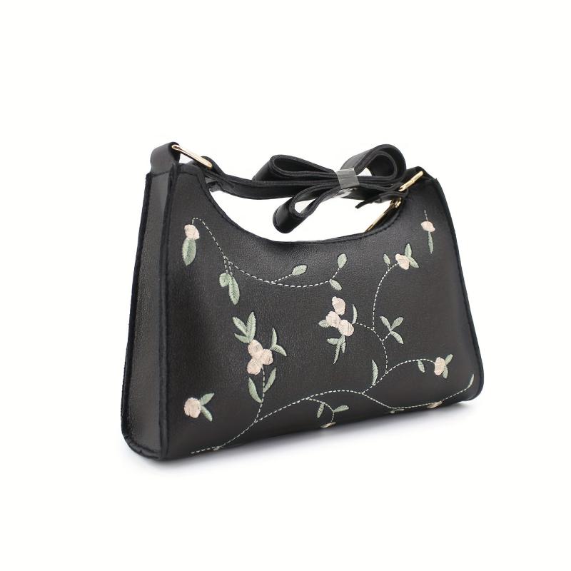 Floral Embroidery Baguette Bag PU Leather Handbag