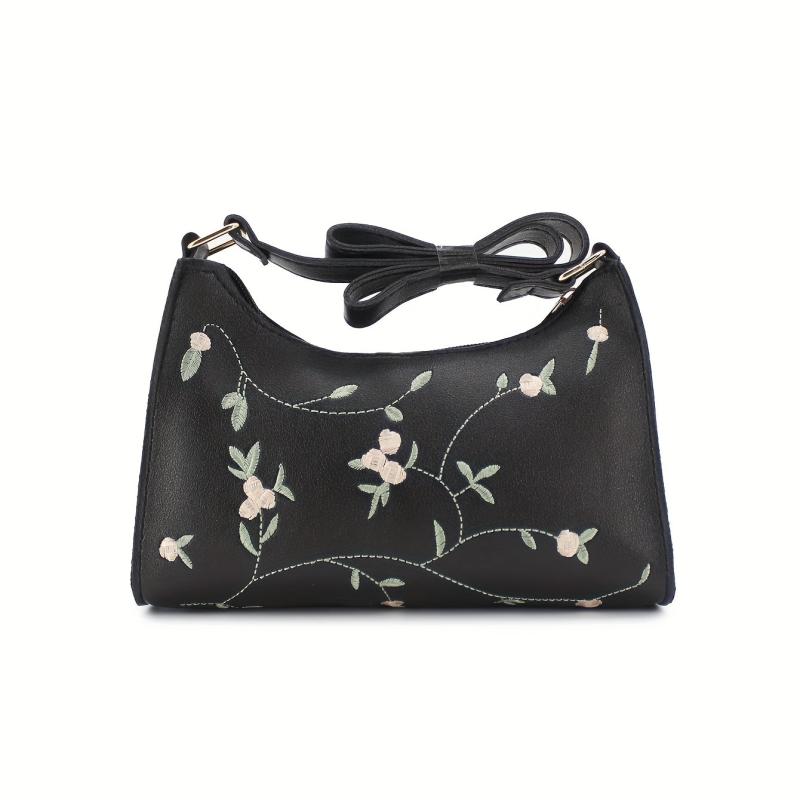 Floral Embroidery Baguette Bag PU Leather Handbag