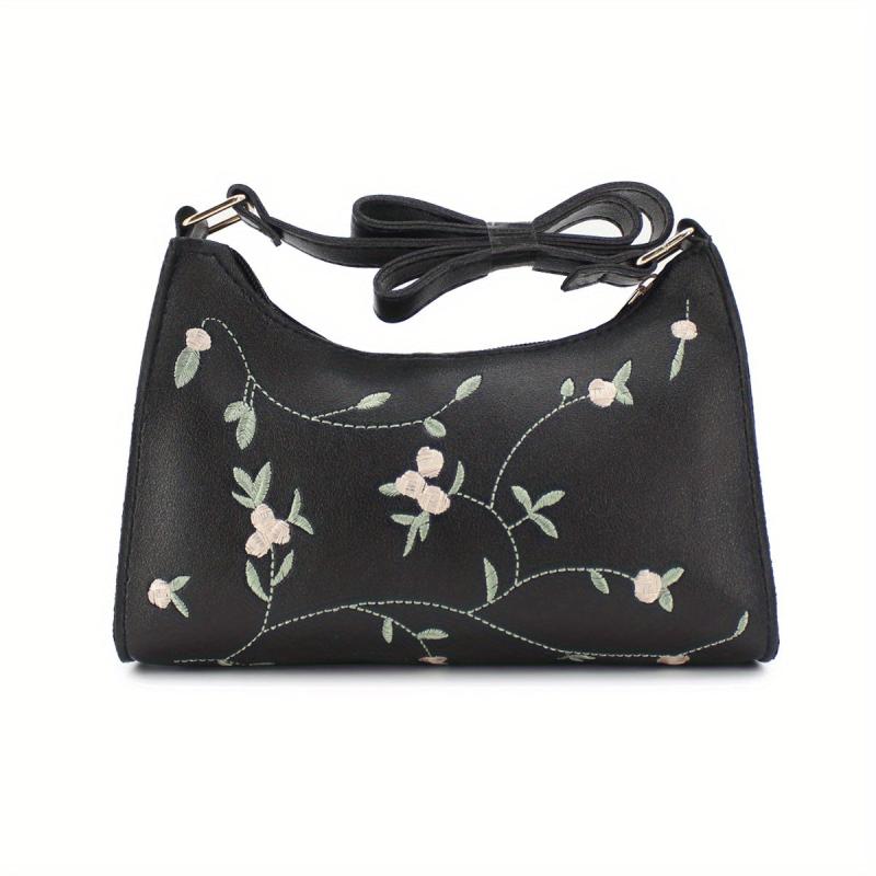 Floral Embroidery Baguette Bag PU Leather Handbag