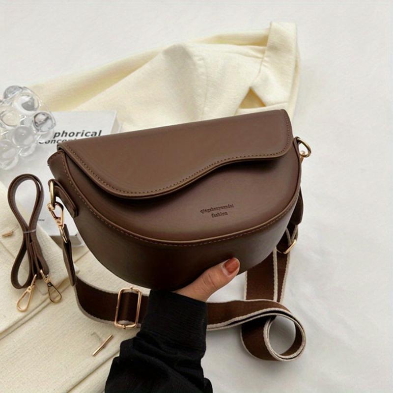 Retro Style Saddle Bag Women Solid Crossbody Versatile PU Leather Shoulder Purse