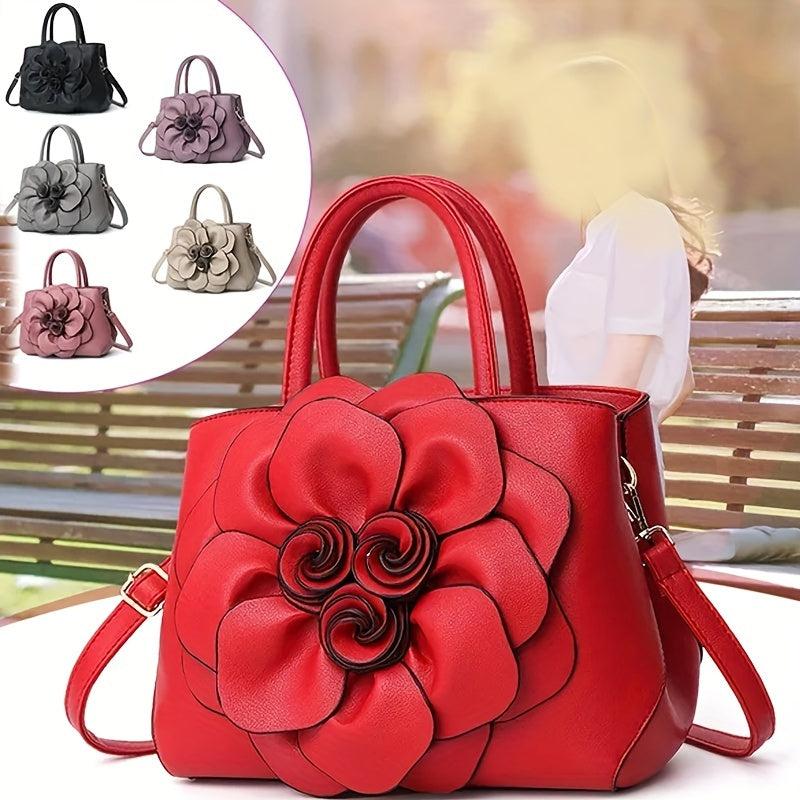 Flower Decor Solid Shoulder Bag PU Leather Crossbody Bag