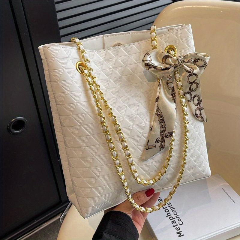 Geometric Embossed Tote Bag Classic Scarf Decor Shoulder Bag