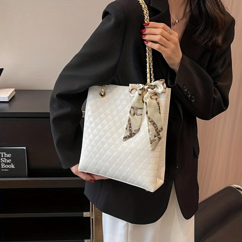 Geometric Embossed Tote Bag Classic Scarf Decor Shoulder Bag