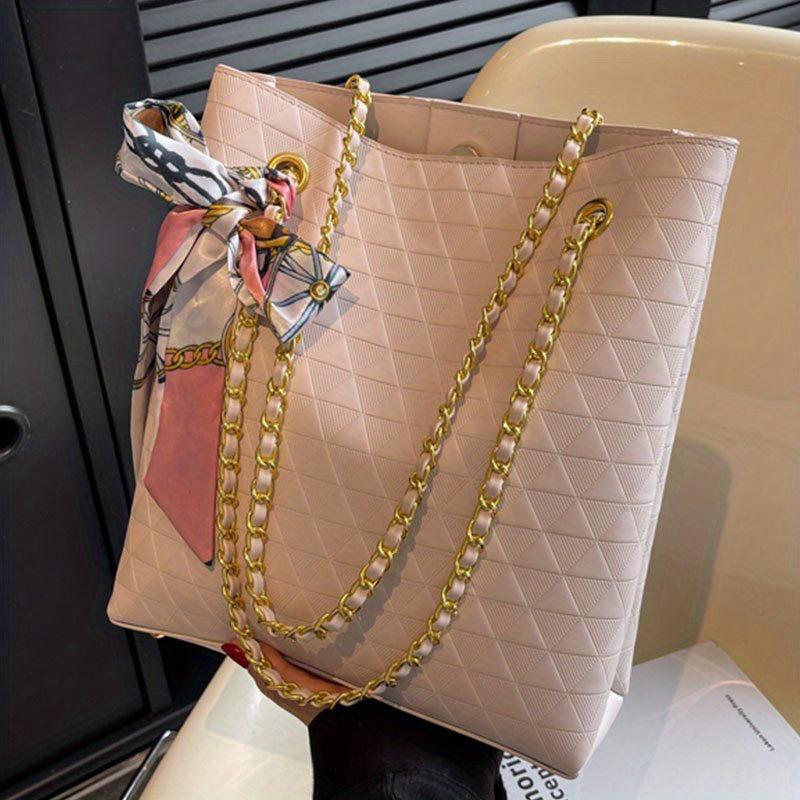 Geometric Embossed Tote Bag Classic Scarf Decor Shoulder Bag