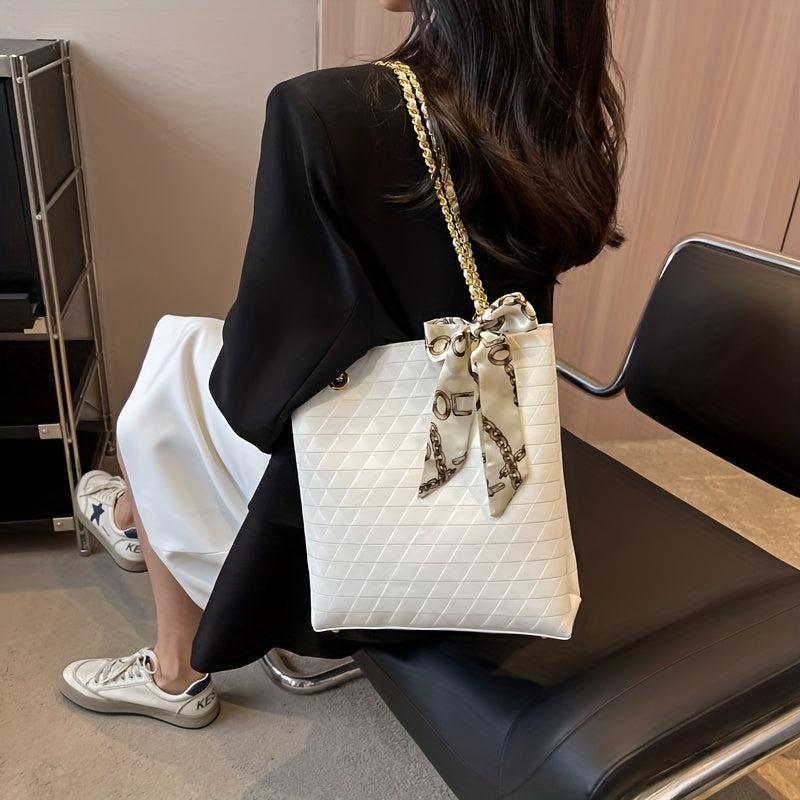 Geometric Embossed Tote Bag Classic Scarf Decor Shoulder Bag