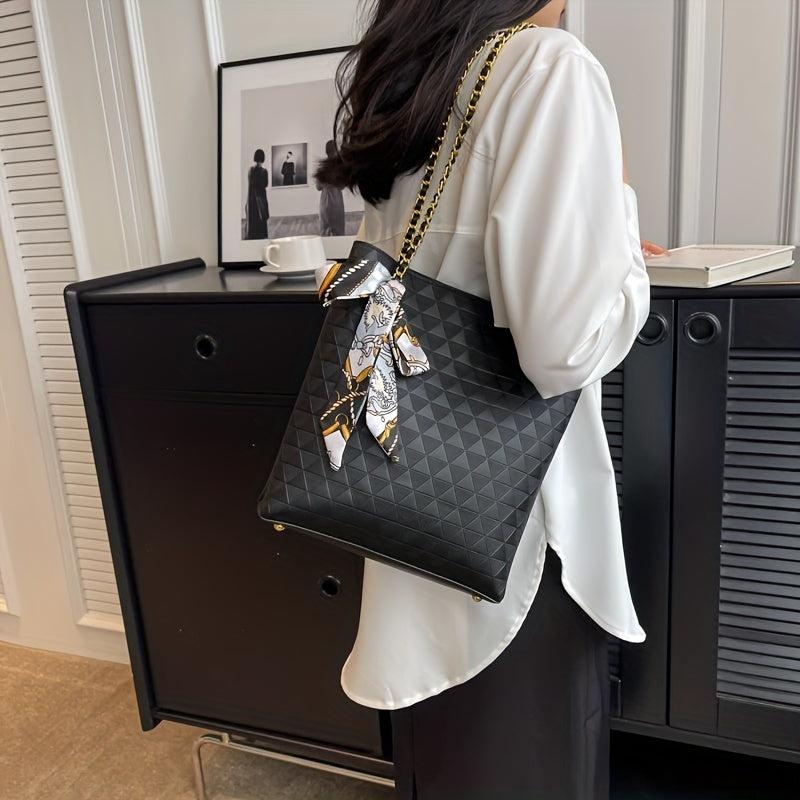 Geometric Embossed Tote Bag Classic Scarf Decor Shoulder Bag