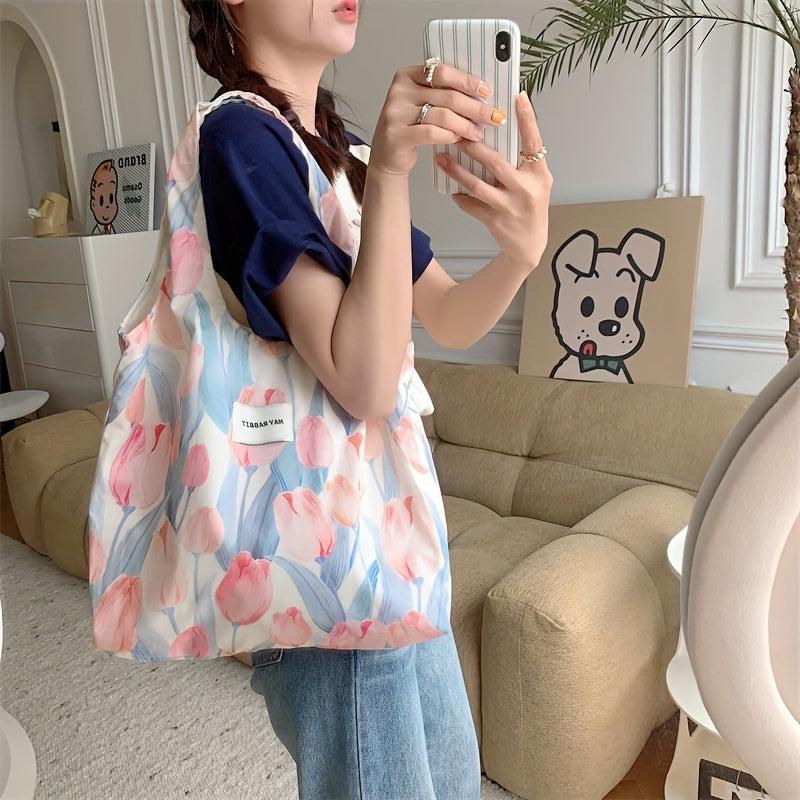 Fairy Floral Pattern Tote Bag Large Capacity Shoulder Handbag Cut Random