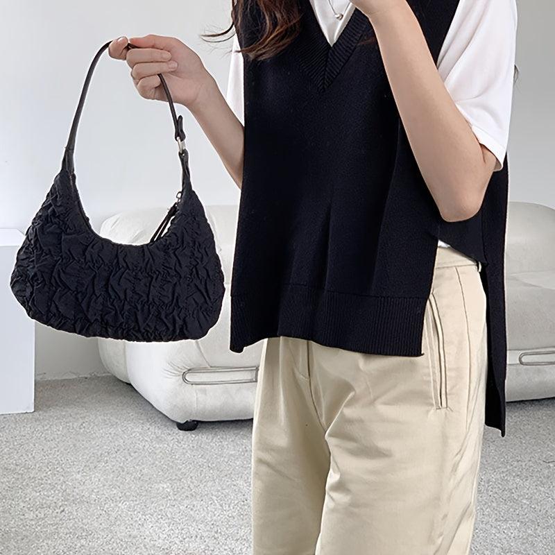 Ruched Baguette Bag Solid Underarm Zipper Bag Armpit Bag