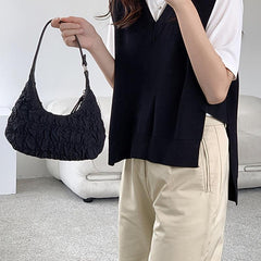 Ruched Baguette Bag Solid Underarm Zipper Bag Armpit Bag