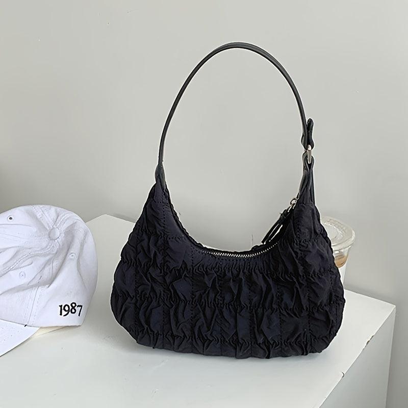 Ruched Baguette Bag Solid Underarm Zipper Bag Armpit Bag