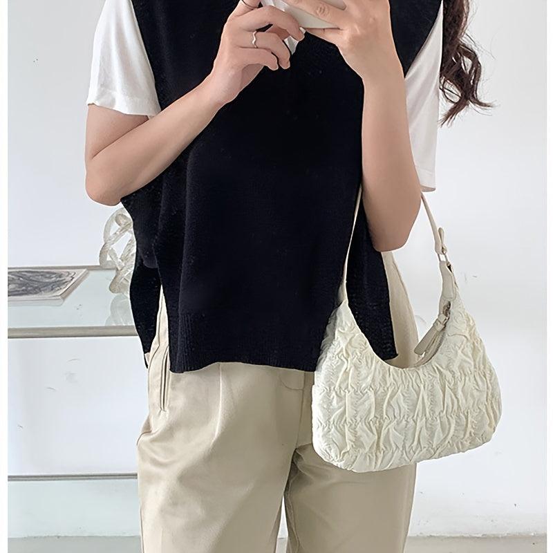 Ruched Baguette Bag Solid Underarm Zipper Bag Armpit Bag