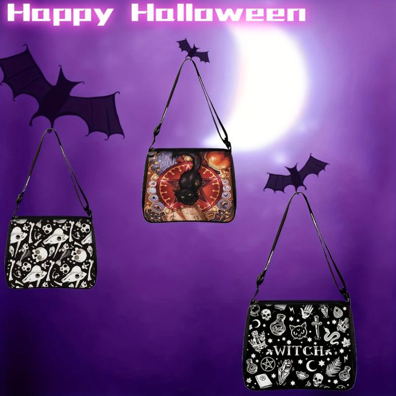 Gothic Cat Printed Shoulder Bag Halloween Crossbody Bag