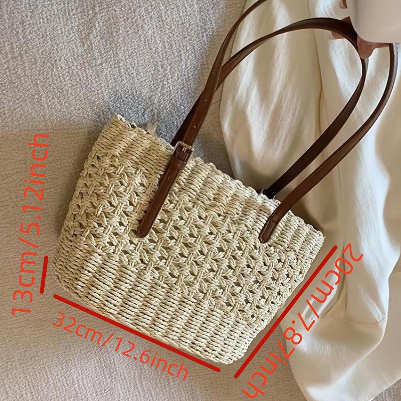 Straw Woven Large Capacity Tote Basket Bag Lightweight Bucket Satchel Bag