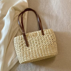 Straw Woven Large Capacity Tote Basket Bag Lightweight Bucket Satchel Bag
