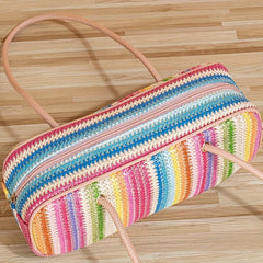 Colorful Striped Pattern Straw Bag All Match Square Underarm Bag Zipper