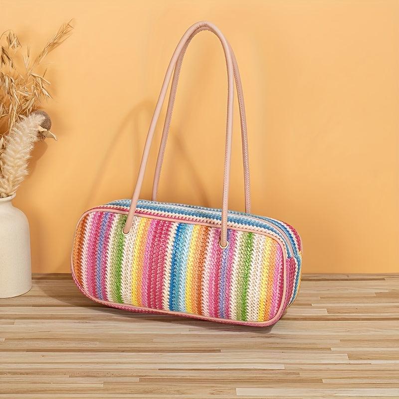 Colorful Striped Pattern Straw Bag All Match Square Underarm Bag Zipper