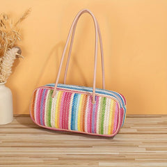 Colorful Striped Pattern Straw Bag All Match Square Underarm Bag Zipper