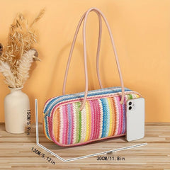 Colorful Striped Pattern Straw Bag All Match Square Underarm Bag Zipper