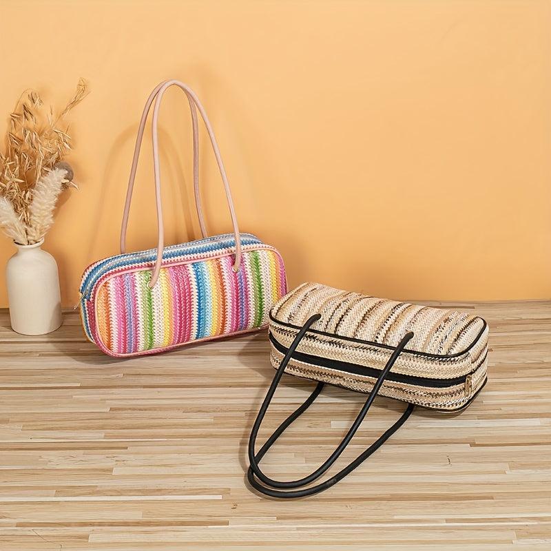 Colorful Striped Pattern Straw Bag All Match Square Underarm Bag Zipper