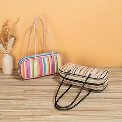 Colorful Striped Pattern Straw Bag All Match Square Underarm Bag Zipper