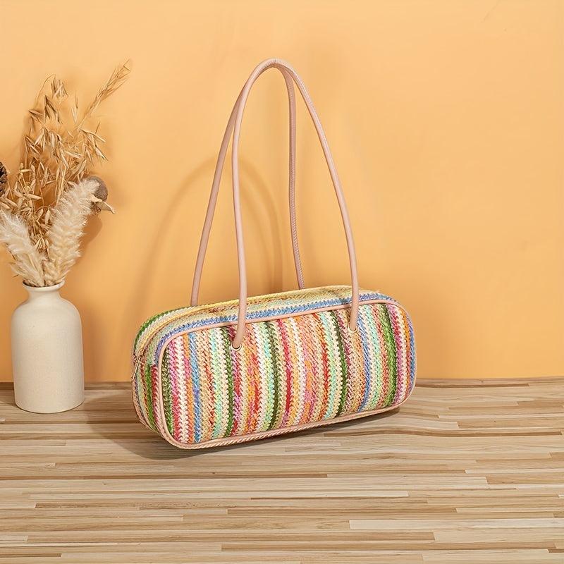 Colorful Striped Pattern Straw Bag All Match Square Underarm Bag Zipper