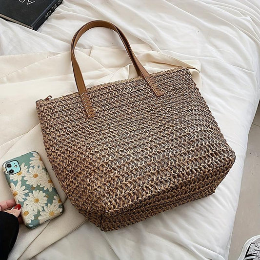 Straw Beach Bag Large Capacity Tote Handbag Double Handle Shopping Bag