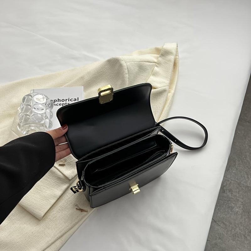 Minimalist Square Crossbody Bag PU Leather Flap Purse Turn Lock Shoulder Bag