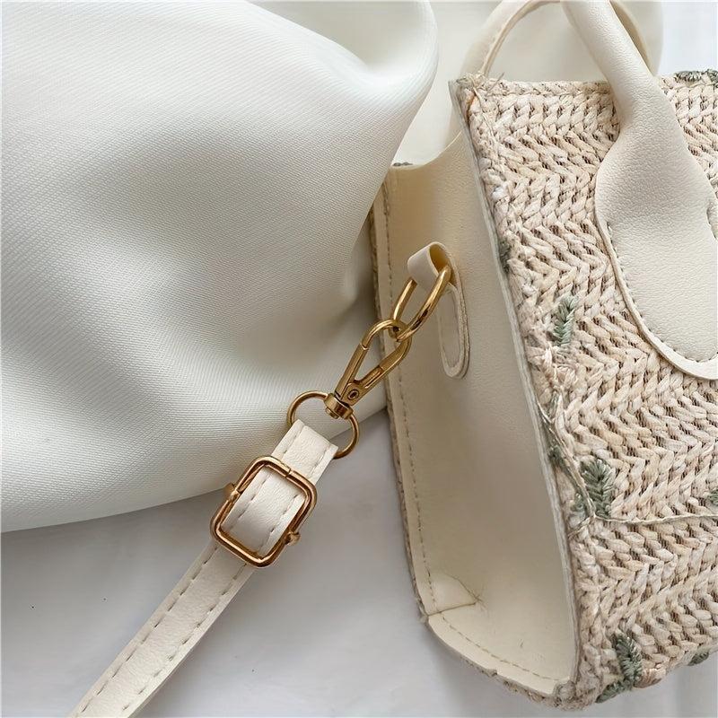 Floral Lace Straw Handbag Women's Woven Crossbody Purses Summer Beach Square Bag