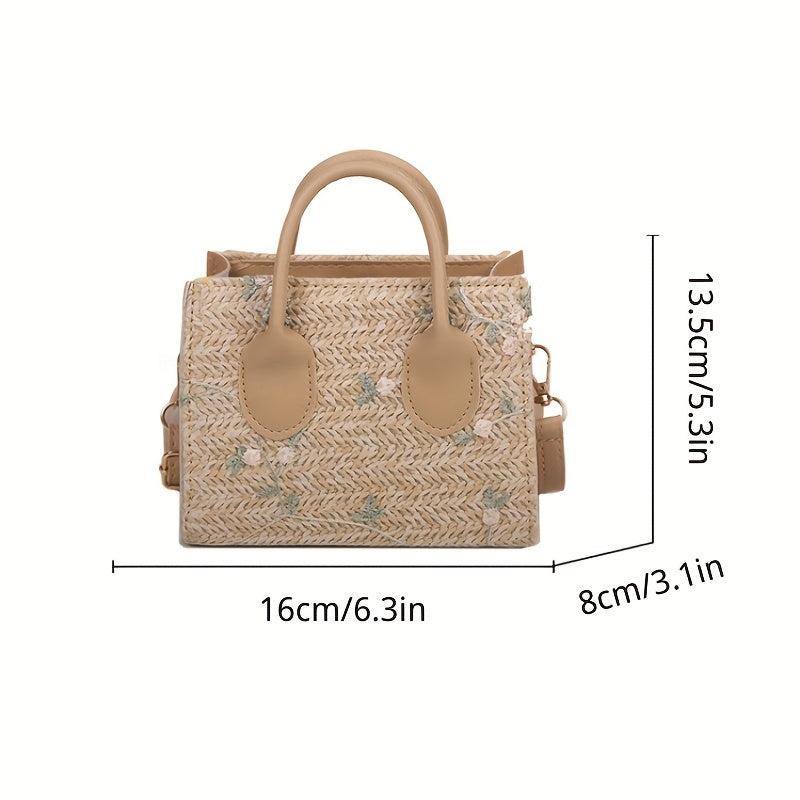 Floral Lace Straw Handbag Women's Woven Crossbody Purses Summer Beach Square Bag