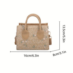 Floral Lace Straw Handbag Women's Woven Crossbody Purses Summer Beach Square Bag