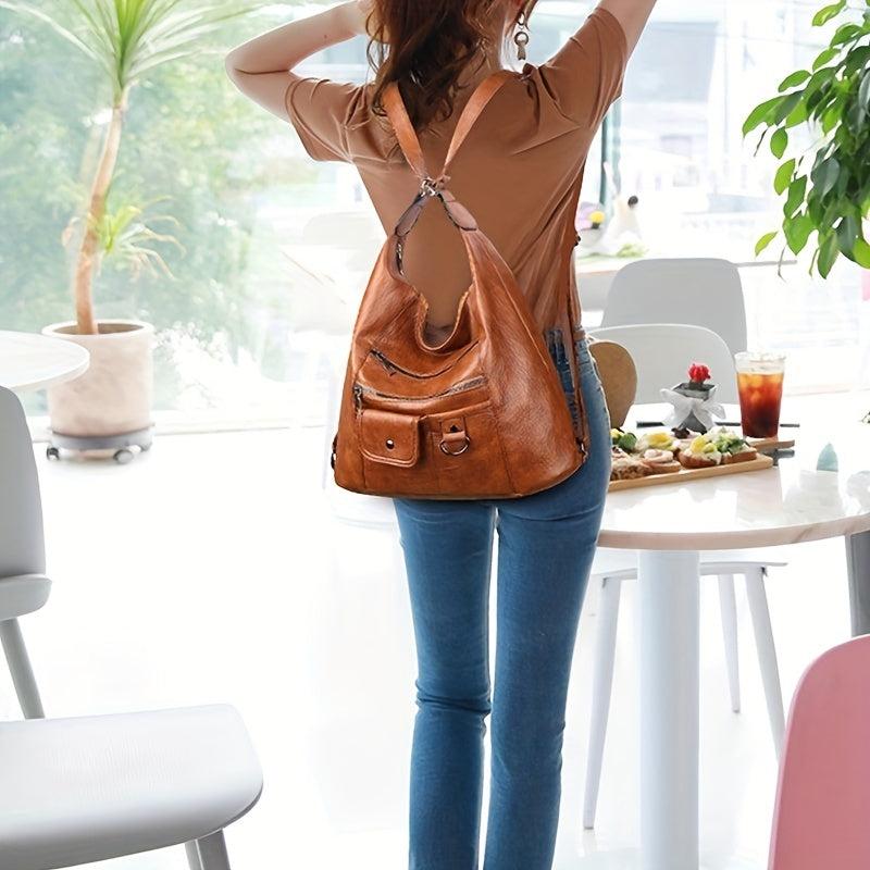 Vintage Solid Hobo Shoulder Bag Multifunctional Storage Backpack For Travel