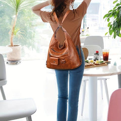 Vintage Solid Hobo Shoulder Bag Multifunctional Storage Backpack For Travel