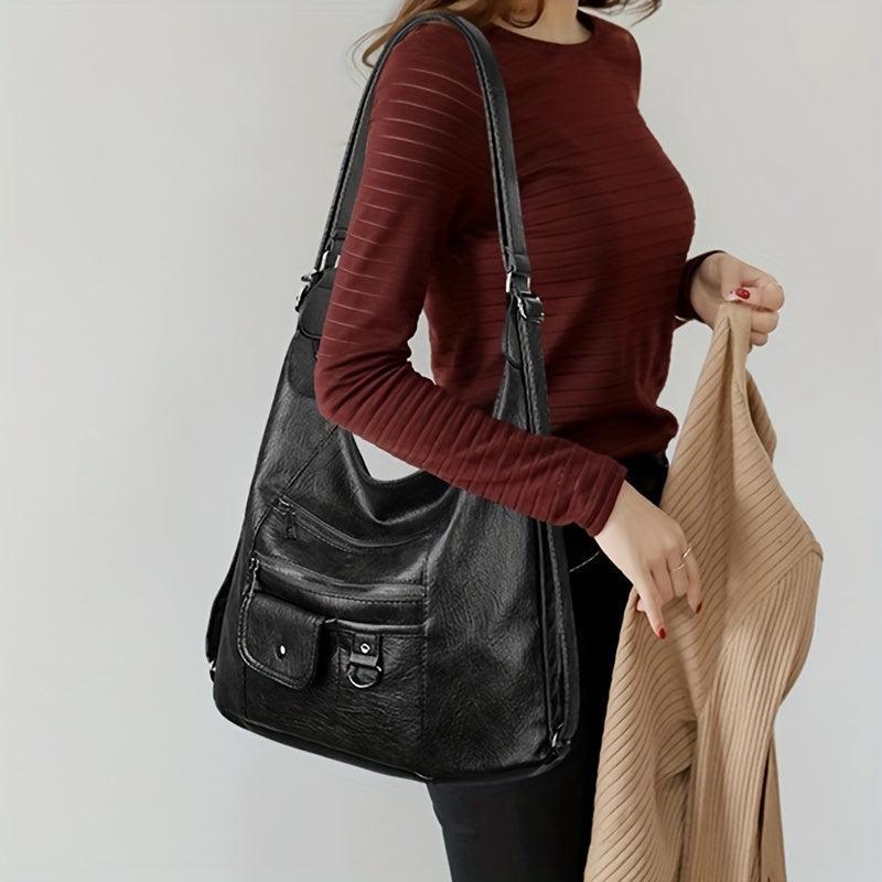 Vintage Solid Hobo Shoulder Bag Multifunctional Storage Backpack For Travel