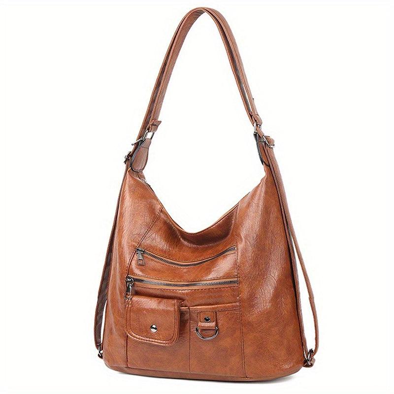Vintage Solid Hobo Shoulder Bag Multifunctional Storage Backpack For Travel