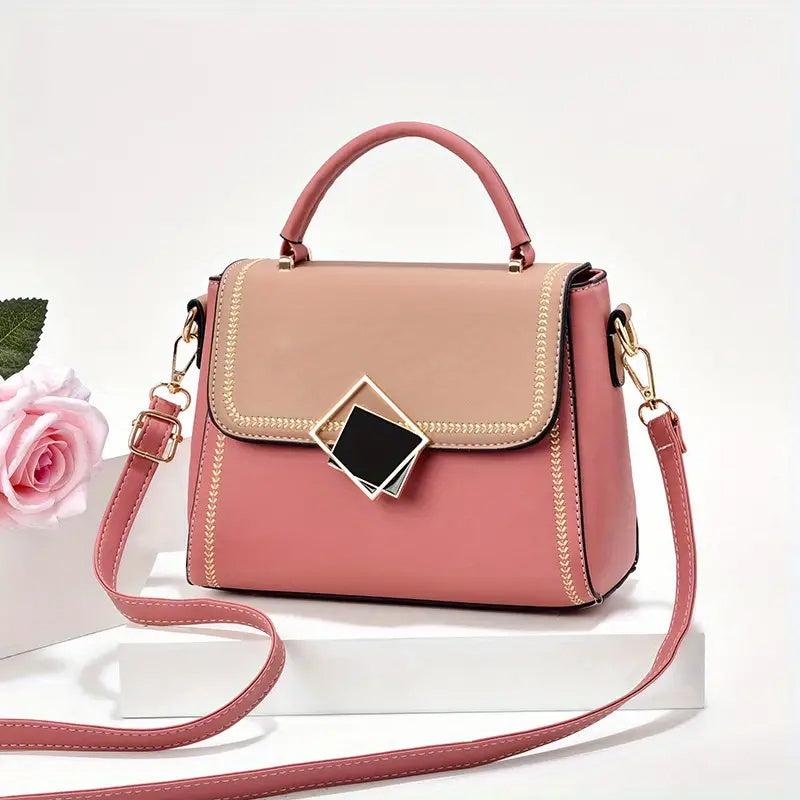Portable Top Handle Shoulder Bag PU Leather Square Flap Handbag