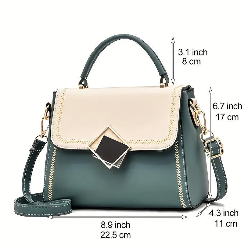 Portable Top Handle Shoulder Bag PU Leather Square Flap Handbag