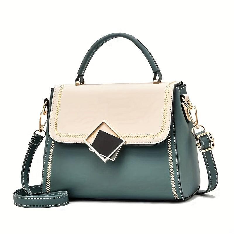 Portable Top Handle Shoulder Bag PU Leather Square Flap Handbag
