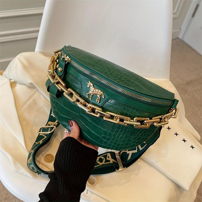 Crocodile Embossed Fanny Pack Chain Crossbody Bag Women's PU Leather Waist Purse