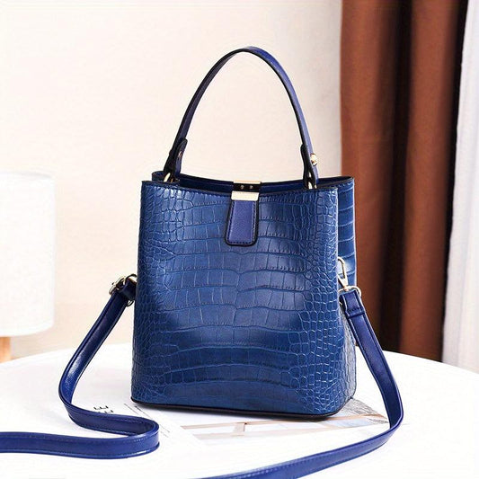 Crocodile Embossed Shoulder Bag Minimalist Bucket Satchel Solid Bag
