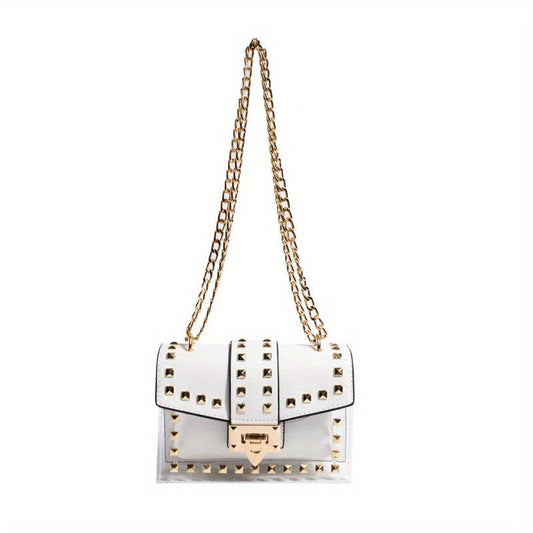Stylish Mini Rivet Flap Crossbody Bag Clear PU Leather Shoulder Purse & Handbag