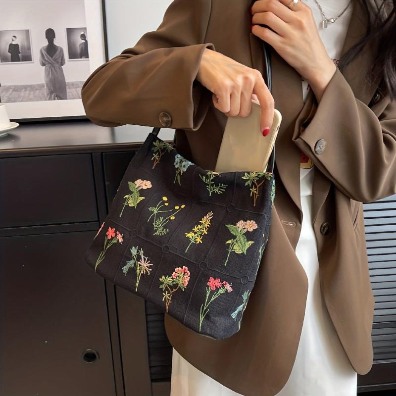 Colorful Flower Embroidered Tote Bag Canvas Shoulder Handbag