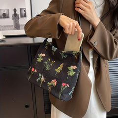 Colorful Flower Embroidered Tote Bag Canvas Shoulder Handbag
