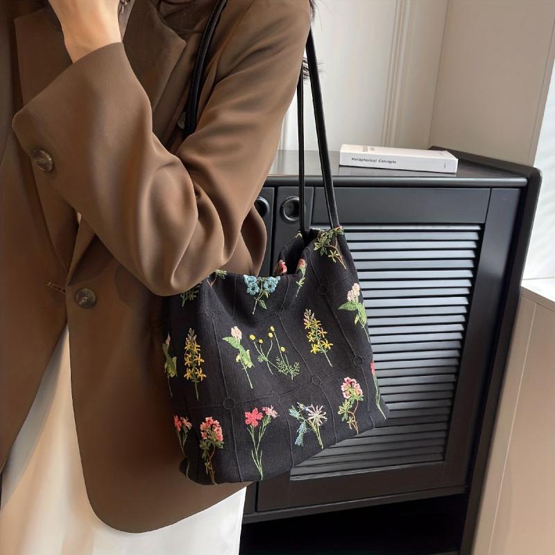 Colorful Flower Embroidered Tote Bag Canvas Shoulder Handbag