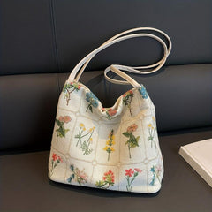 Colorful Flower Embroidered Tote Bag Canvas Shoulder Handbag
