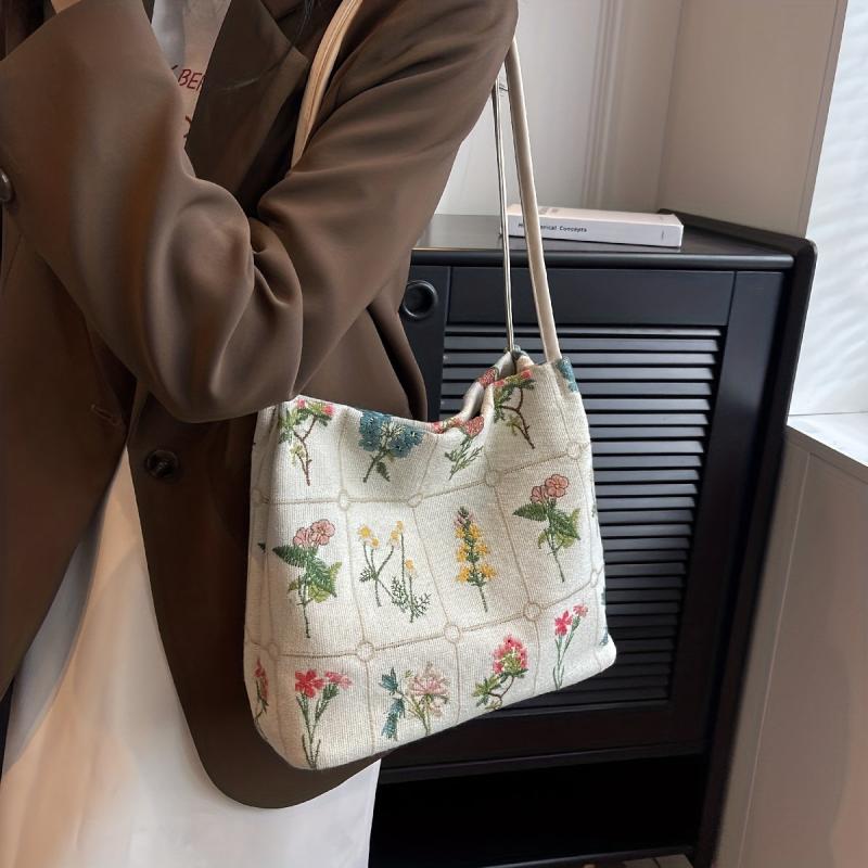 Colorful Flower Embroidered Tote Bag Canvas Shoulder Handbag